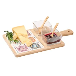 SET ANTIPASTIERA CON 2 CIOTOLE IN VETRO 2 CUCCHIAINI BASE IN BAMBOO CON DECORO MAIOLICA