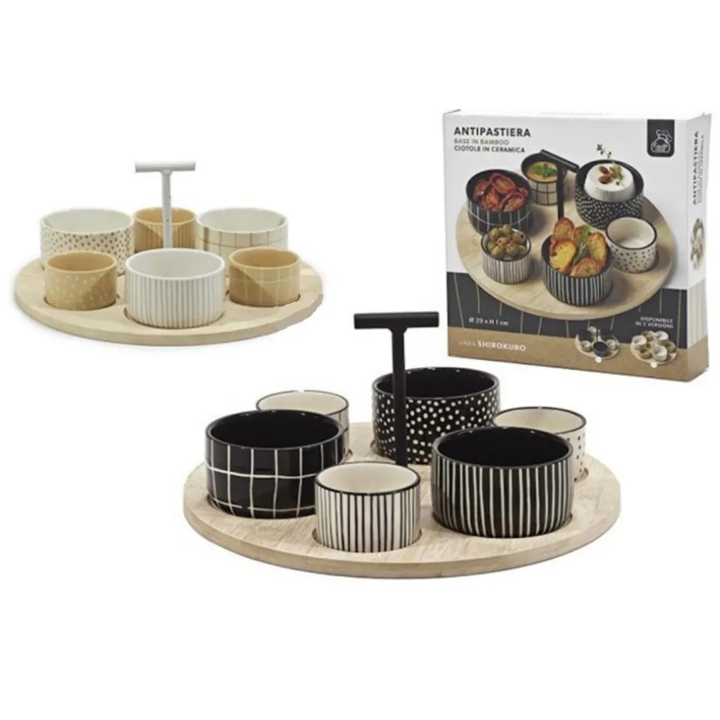SET ANTIPASTIERA CON 6 CIOTOLINE SU VASSOIO BASE IN BAMBOO ⌀29CM PER ANTIPASTI SNACK