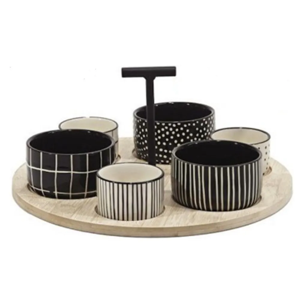 SET ANTIPASTIERA CON 6 CIOTOLINE SU VASSOIO BASE IN BAMBOO ⌀29CM PER ANTIPASTI SNACK