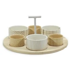 SET ANTIPASTIERA CON 6 CIOTOLINE SU VASSOIO BASE IN BAMBOO ⌀29CM PER ANTIPASTI SNACK