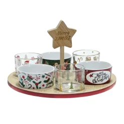 SET ANTIPASTIERA NATALIZIA BASE ROTONDA IN BAMBOO Ø 27 CM CON 6 CIOTOLE ASSORTITE