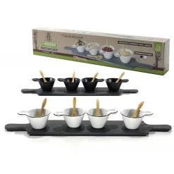 SET ANTIPASTIERE CON 4 PIATTINI E CUCCHIAINI IN BAMBOO E 1 VASSOIO IN ARDESIA