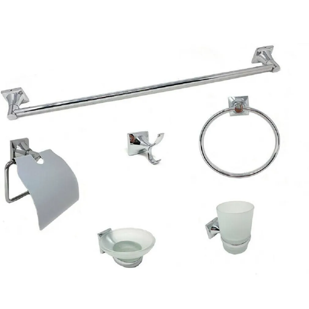 SET BAGNO 6 ACCESSORI ACCIAIO VETRO PORTASAPONETTA ROTOLO SPAZZOLINI ASCIUGAMANO
