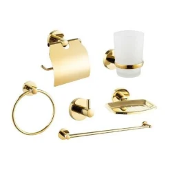 SET BAGNO 6ACCESSORI DORATO PORTA ASCIUGAMANO ROTOLO BICCHIERE SPAZZOLINO 59681A