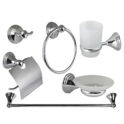 SET BAGNO ACCIAIO CROMATO E VETRO SATINATO 6 PEZZI ARREDO MODERNO BIANCO 52919