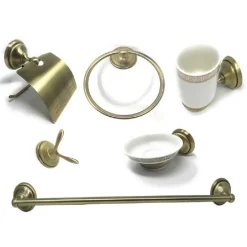 SET BAGNO CLASSICO ORO SATINATO VETRO 6PZ PORTAROTOLO SAPONE ASCIUGAMANO 52644