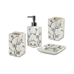 SET BAGNO FIORI PESCO GIAPPONESI IN CERAMICA DISPENSER PORTA SAPONETTA BICCHIERE