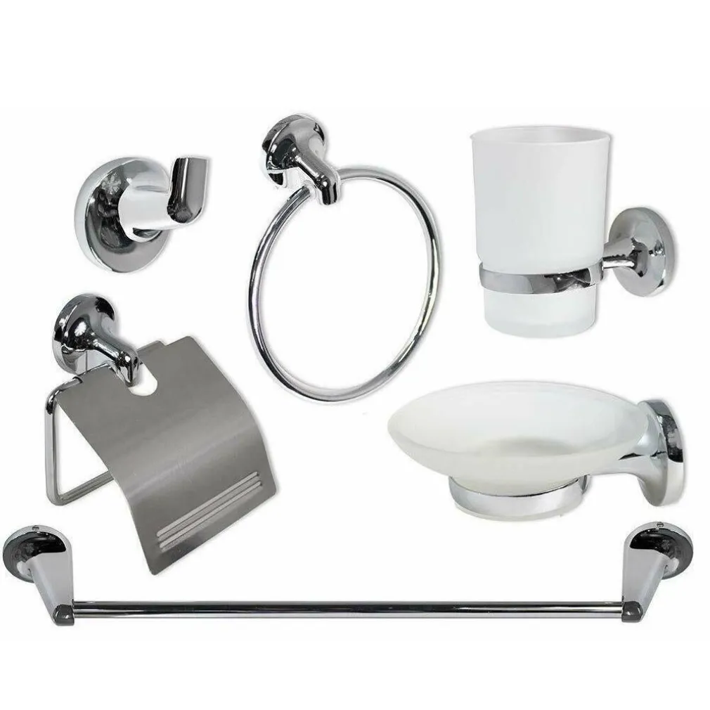 SET BAGNO MODERNO IN ACCIAIO CROMATO E VETRO SATINATO 6 PEZZI ARREDO BAGNO 69984