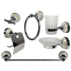 SET BAGNO 6PZ ACCIAIO VETRO CERAMICA DECORAZIONI ORO PORTAROTOLO SAPONETTA 52436