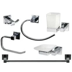 SET BAGNO QUADRATO ACCIAIO CROMATO E VETRO SATINATO 6 PEZZI ARREDO MODERNO 52920