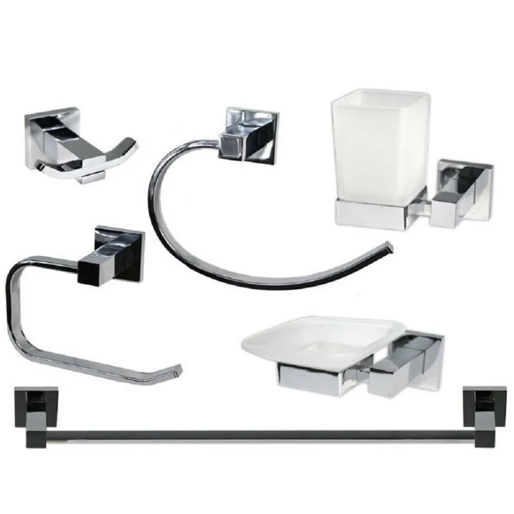 SET BAGNO QUADRATO ACCIAIO CROMATO E VETRO SATINATO 6 PEZZI ARREDO MODERNO 52920