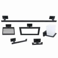 SET BAGNO RETTANGOLARE NERO 6PZ PORTA ASCIUGAMANO ROTOLO BICCHIERE SPAZZOLINO 87262
