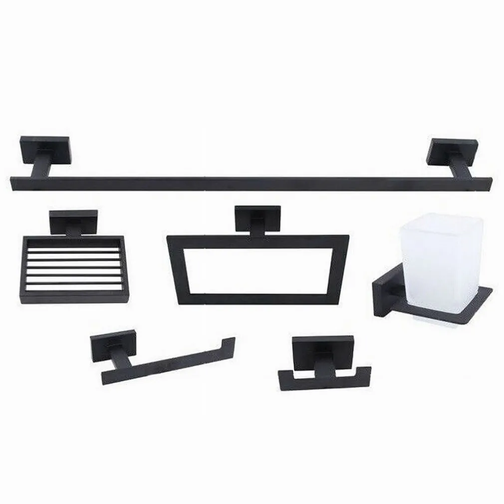 SET BAGNO RETTANGOLARE NERO 6PZ PORTA ASCIUGAMANO ROTOLO BICCHIERE SPAZZOLINO 87262