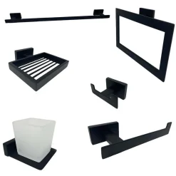 SET BAGNO RETTANGOLARE NERO 6PZ PORTA ASCIUGAMANO ROTOLO BICCHIERE SPAZZOLINO 87262