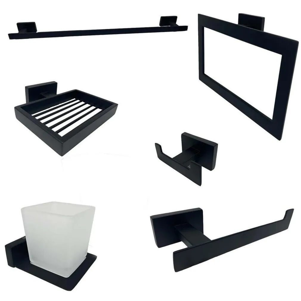 SET BAGNO RETTANGOLARE NERO 6PZ PORTA ASCIUGAMANO ROTOLO BICCHIERE SPAZZOLINO 87262