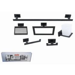 SET BAGNO RETTANGOLARE NERO 6PZ PORTA ASCIUGAMANO ROTOLO BICCHIERE SPAZZOLINO 87262