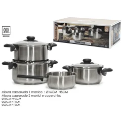 SET BATTERIA DI PENTOLE 7 PZ IN ACCIAIO INOX CON FONDO FULL INDUCTION COPERCHI IN VETRO