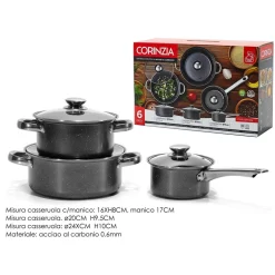 SET BATTERIA DI PENTOLE CUCINA IN ACCIAIO AL CARBONIO DA 6PZ ANTIADERENTE ANTIGRAFFIO
