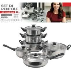 SET BATTERIA DI PENTOLE 12PZ IN ACCIAIO INOX AD INDUZIONE COPERCHI CON VALVOLA SICUREZZA
