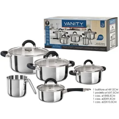 SET BATTERIA DI PENTOLE 9PZ PER INDUZIONE IN ACCIAIO TRIPLO STRATO CON COPERCHI IN VETRO