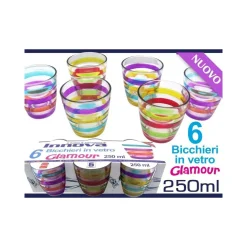 SET BICCHIERI IN VETRO CON RIGHE COLORATE GLAMOUR 6 PEZZI DA 250 ML COLORATI