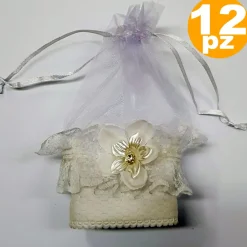 SET BOMBONIERA BOMBONIERE SACCHETTO IN ORGANZA BIANCO PIZZO FIORE PORTA CONFETTI