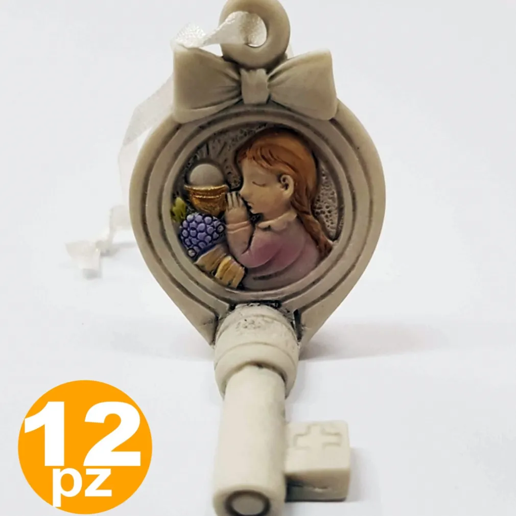 SET BOMBONIERA CHIAVE FIOCCO GANCIO COMUNIONE BAMBINA SACRA EUCARESTIA CERAMICA