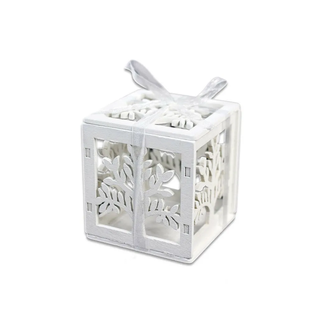 SET BOMBONIERA PER MATRIMONIO CUBO IN LEGNO ALBERO DELLA VITA STILIZZATO BIANCO