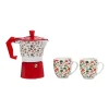 SET BOX CAFFETTIERA MOKA CON 2 TAZZE IN CERAMICA ABBINATE DESIGN NATALIZIO IDEA REGALO