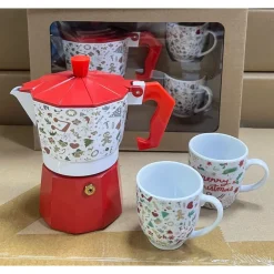 SET BOX CAFFETTIERA MOKA CON 2 TAZZE IN CERAMICA ABBINATE DESIGN NATALIZIO IDEA REGALO
