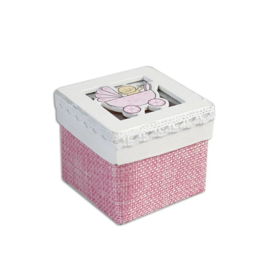 SET CUBO ROSA PORTA CONFETTI CON CARROZZINO BOMBONIERA X NASCITA BATTESIMO BIMBA