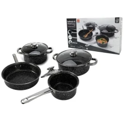 SET DA 7 PEZZI BATTERIA DI PENTOLE ANTIADERENTI MARMORIZZATE AL CARBONIO ANTIGRAFFIO