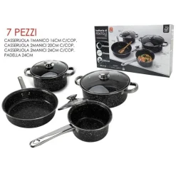 SET DA 7 PEZZI BATTERIA DI PENTOLE ANTIADERENTI MARMORIZZATE AL CARBONIO ANTIGRAFFIO