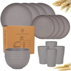 SET DA 16PZ STOVIGLIE IN PAGLIA DI GRANO CIOTOLE PIATTI INFRANGIBILI POSATE RIUTILIZZABILI