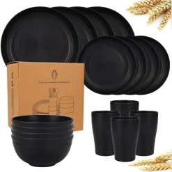 SET DA 16PZ STOVIGLIE IN PAGLIA DI GRANO CIOTOLE PIATTI INFRANGIBILI POSATE RIUTILIZZABILI