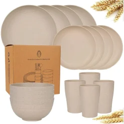 SET DA 16PZ STOVIGLIE IN PAGLIA DI GRANO CIOTOLE PIATTI INFRANGIBILI POSATE RIUTILIZZABILI