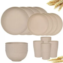 SET DA 16PZ STOVIGLIE IN PAGLIA DI GRANO CIOTOLE PIATTI INFRANGIBILI POSATE RIUTILIZZABILI