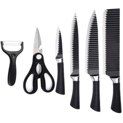 SET DI COLTELLI DA CUCINA IN ACCIAIO 6PZ MANICO IN SILICONE CON MOTIVO ONDULATO NERO