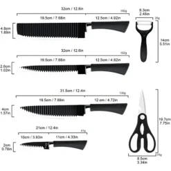 SET DI COLTELLI DA CUCINA IN ACCIAIO 6PZ MANICO IN SILICONE CON MOTIVO ONDULATO NERO