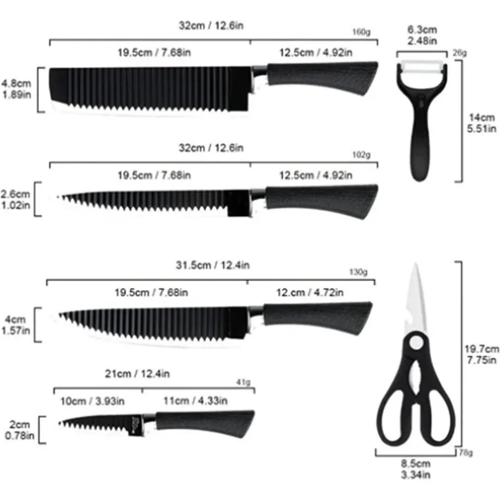 SET DI COLTELLI DA CUCINA IN ACCIAIO 6PZ MANICO IN SILICONE CON MOTIVO ONDULATO NERO