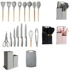 SET DI UTENSILI COLTELLI DA CUCINA DA CHEF DA 19 PEZZI IN SILICONE CON MANICO IN LEGNO