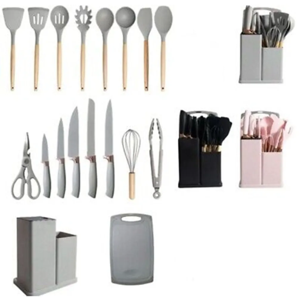 SET DI UTENSILI COLTELLI DA CUCINA DA CHEF DA 19 PEZZI IN SILICONE CON MANICO IN LEGNO
