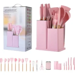 SET DI UTENSILI COLTELLI DA CUCINA DA CHEF DA 19 PEZZI IN SILICONE CON MANICO IN LEGNO