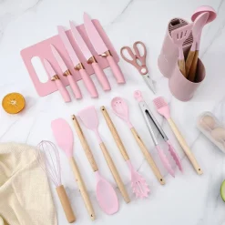 SET DI UTENSILI COLTELLI DA CUCINA DA CHEF DA 19 PEZZI IN SILICONE CON MANICO IN LEGNO