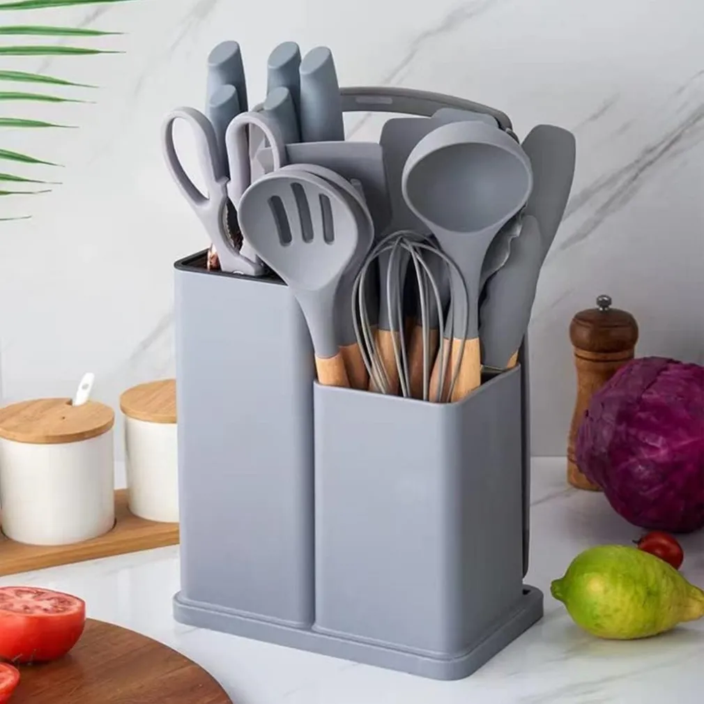 SET DI UTENSILI COLTELLI DA CUCINA DA CHEF DA 19 PEZZI IN SILICONE CON MANICO IN LEGNO