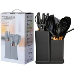 SET DI UTENSILI COLTELLI DA CUCINA DA CHEF DA 19 PEZZI IN SILICONE CON MANICO IN LEGNO