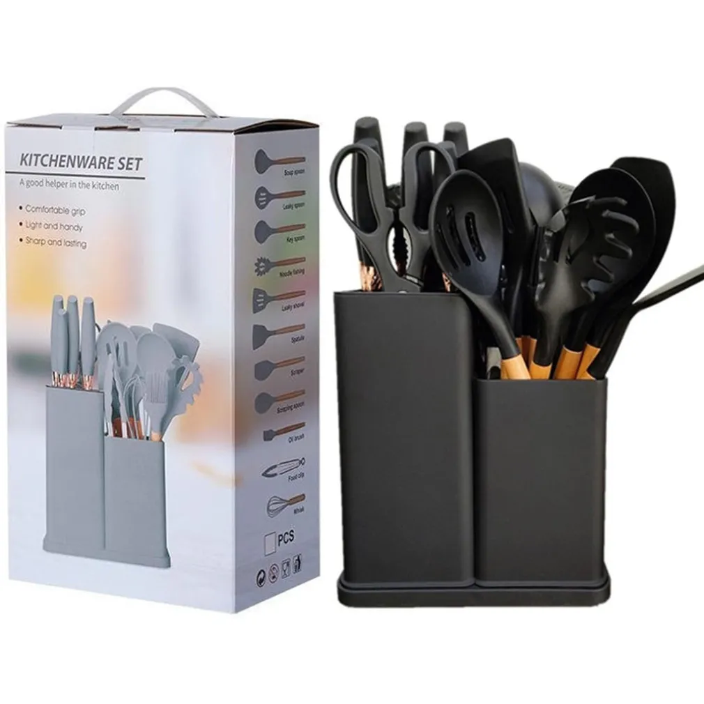 SET DI UTENSILI COLTELLI DA CUCINA DA CHEF DA 19 PEZZI IN SILICONE CON MANICO IN LEGNO