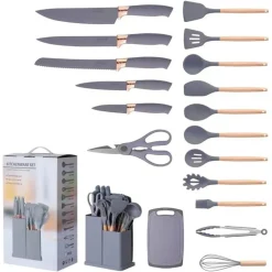 SET DI UTENSILI COLTELLI DA CUCINA DA CHEF DA 19 PEZZI IN SILICONE CON MANICO IN LEGNO