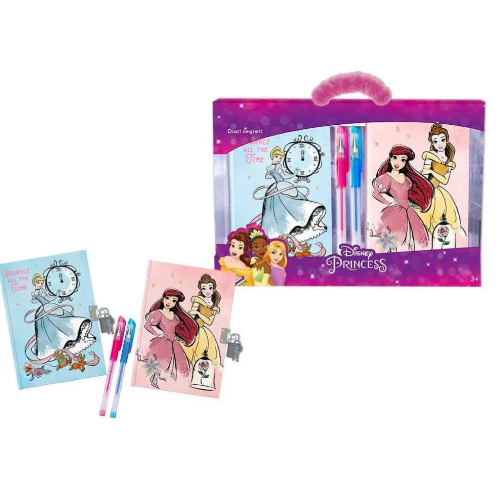 SET DIARI SEGRETI PRINCIPESSE DISNEY LUCCHETTO CHIAVI PENNE GLITTERATE COLORATE