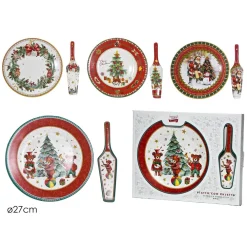 SET PIATTO ROTONDO + PALETTA COORDINATA DI NATALE IN CERAMICA DECORATIVA Ø27CM 4 MODELLI